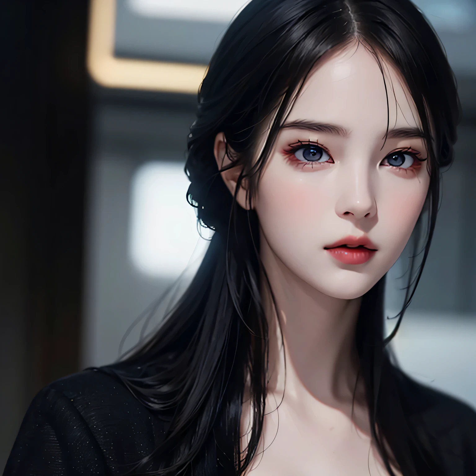 Beautiful girl with realistic black eyes, pale skin, medium length black hair, perfect face, perfect eyes, wearing a coat, very detailed, comprehensive movie, digital painting, 8K, cinematic lighting, highest quality, High resolution, Great job!, Post-processing, perfect result, surreal，(((revealing clothes)))，big breasts