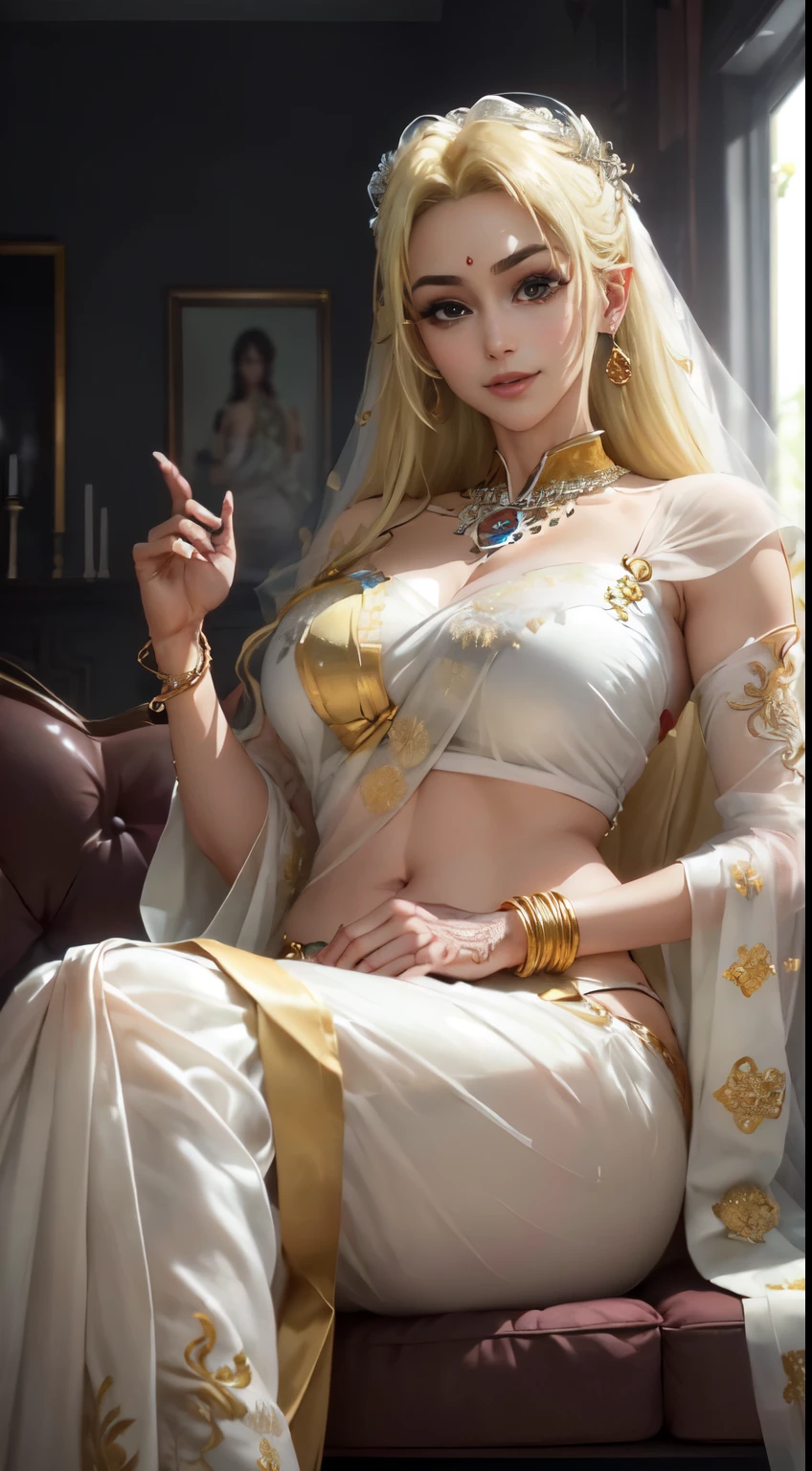 ((masterpiece, Best Quality, high resolution, Perfect Pixel, 8K))), ((1 girl、full body seen、Yuki tsukumo))、 ((Bangs、gorgeous blonde hairs、Long beautiful blonde hairs))、((Gorgeous eyes、Beautiful eyelashes、Realistic eyes))、 ((Detailed face, Blushing:1.2))、((Smooth texture:0.75, Realistic texture:0.65, Photorealistic:1.1, Anime CG style))、Dynamic Angle、Perfect body、(perfectly insanely detailed eyes、playing with hairs、pink cheeks、((Sittingon a royal couch、Background windows open、wearing Indian saree、White Indian saree、Wore full saree、Full sleeves、Full embroidery saree、Traditional blouse、Beautifuy detailed saree、white Indian Plain full saree、Plain white saree、Chiffon saree、Indian bride、gold ornaments、smiling beautifully、golden bracelets、earings、Indian silk saree、happy face))、(Perfect saree、Legs crossed、gorgeously legs crossed、erotic eyes、beautiful eyelashes)、Perfect realistic representation of face、ultra realistic eyes、ultra insanely detailed eyes、posing for a hot picture、beautiful heels、(beautiful portrait、very High quality、ultra high definition、 insanely detailed face、ultra high quality、ultra high clarity、best quality)、insanely detailed dress、realistic representation of a face、(curvy body、navel)、white skin、best image quality、best clarity、 highest resolution、8k resolution、ultra high resolution、beautiful smile、beautiful eyelashes、beautiful face、gorgeous representation of a face、perfect body、((cowboy shot、full body posture))、erotic look on face、dynamic lightning、perfect body、dynamic lightning、 (innocent_big_eyes:1.0)、Bright_Front_face_Lighting、seen from front、shiny skin、bokeh:1.2、Full body shot、professional photograph