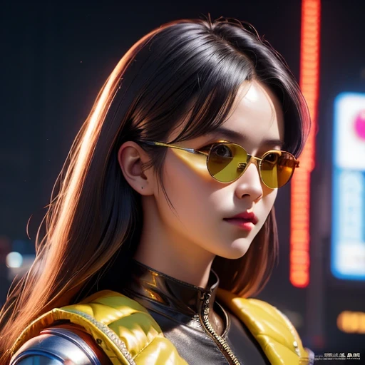 (masterpiece, best quality:1.2), 1girl, ((masterpiece, highest quality, Highest image quality, High resolution, photorealistic, Raw photo, 8K)), Retro Game, Nintendo, SEGA, Namco, Cyberpunk 1:25 miniatures，illustration，Side viewing angle，（（Side viewing angle）），Wear gold wire-rimmed reflective sunglasses，Carry future weapons，very happy，Side viewing angle，whole body，three-dimensional，octane rendering，Perfect face，Collagen texture