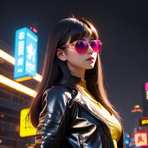 (masterpiece, best quality:1.2), 1girl, ((masterpiece, highest quality, Highest image quality, High resolution, photorealistic, Raw photo, 8K)), Retro Game, Nintendo, SEGA, Namco, Cyberpunk 1:25 miniatures，illustration，Side viewing angle，（（Side viewing angle）），Wear gold wire-rimmed reflective sunglasses，Carry future weapons，very happy，Side viewing angle，whole body，three-dimensional，octane rendering，Perfect face，Collagen texture