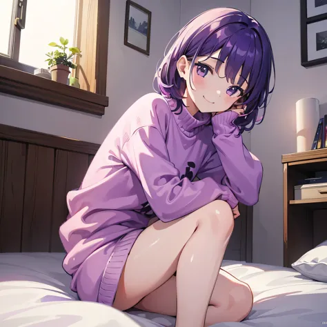 (T Masterpiece，4k wallpaper，best quality))、((girl１people))、(solo)、Shining and vivid，(purple hair)、(shortcut:1.3)、smile、Bedroom、s...