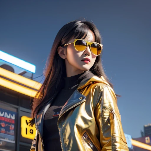 (masterpiece, best quality:1.2), 1girl, ((masterpiece, highest quality, Highest image quality, High resolution, photorealistic, Raw photo, 8K)), Retro Game, Nintendo, SEGA, Namco, Cyberpunk 1:25 miniatures，illustration，Side viewing angle，（（Side viewing angle）），Wear gold wire-rimmed reflective sunglasses，Carry future weapons，very happy，Side viewing angle，whole body，three-dimensional，octane rendering，Perfect face，Collagen texture