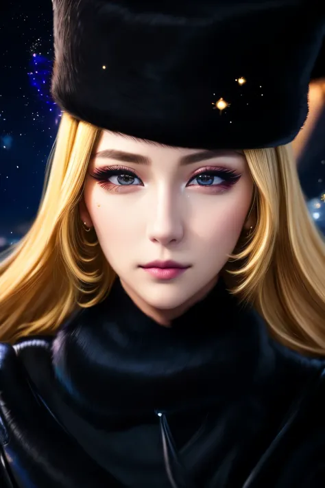 masterpiece, blonde straight, hair, care, fur trim, black hat, fur has, dress, yellow fleeting sad eyes, steam (station: 1.1), station platform, night, galaxy, 999, best quality, super fine, 16k, RAW photo, photorealistic, incredibly absurdres, extremely d...