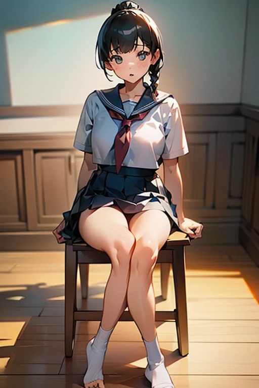 ＜(realistic:1.3),1 girl,foot,a girl in the classroom, braided bangs,ponytail,sailor suit,short skirt,the skirt is turned up,D cup,thick thighs,no panties,pussy,sitting in a chair,開foot,wet,masturbation,looking at the viewer, sunlight,>