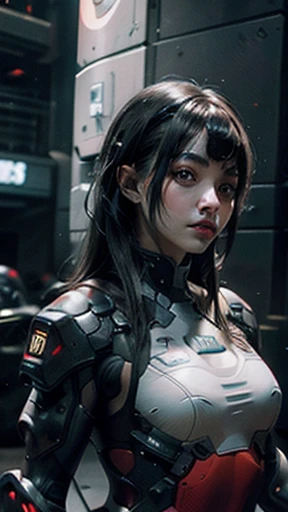 A short and straight Japanese girl with silky hair, bang, bob cut, dark shaped eyes, 15year old, Youngh, pale skin, afraid, insecure expression, ultra high resolution, ultra HD, (photorrealistic:1.4), doll-like face, open air, futuristic atmosphere, she is a futuristic lethal executioner, carrying a laser gun