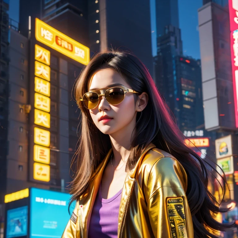 (masterpiece, best quality:1.2), 1girl, ((masterpiece, highest quality, Highest image quality, High resolution, photorealistic, Raw photo, 8K)), Retro Game, Nintendo, SEGA, Namco, Cyberpunk 1:25 miniatures，illustration，Side viewing angle，（（Side viewing angle）），Wear gold wire-rimmed reflective sunglasses，Carry future weapons，very happy，Side viewing angle，whole body，three-dimensional，octane rendering，Perfect face，Collagen texture