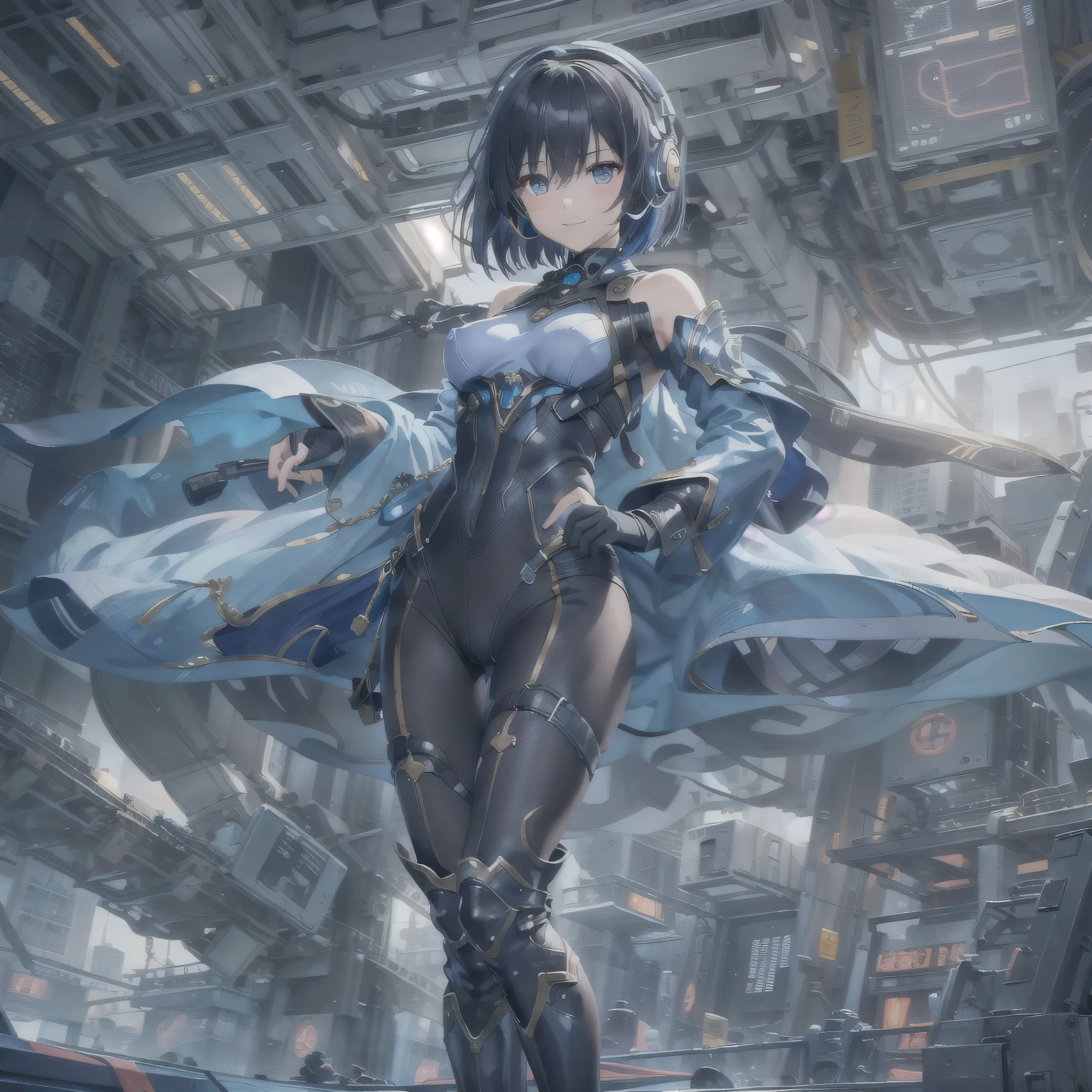 (masterpiece、highest quality、highest resolution、clear_image、detailed details、Angle from above): (full body figure、One 20 year old girl、Japanese faces、small face、Slender、Navy blue super short bob cut hair、(hidden small breasts:1.3)、sparkling blue eyes、Shiny pilot suit in blue and black colors、armor that protects the chest、tight fitting clothes、clothes that cover the whole body、shiny clothes、tight fit pants、hide the skin、very delicate and beautiful、detailed skin、hide thighs、Hide your ass、cute type、gentle smile、soft expression、heroine、headset、Knee-high boots、gloves up to the elbow、eye level shot、facing directly、woman on a spaceship)