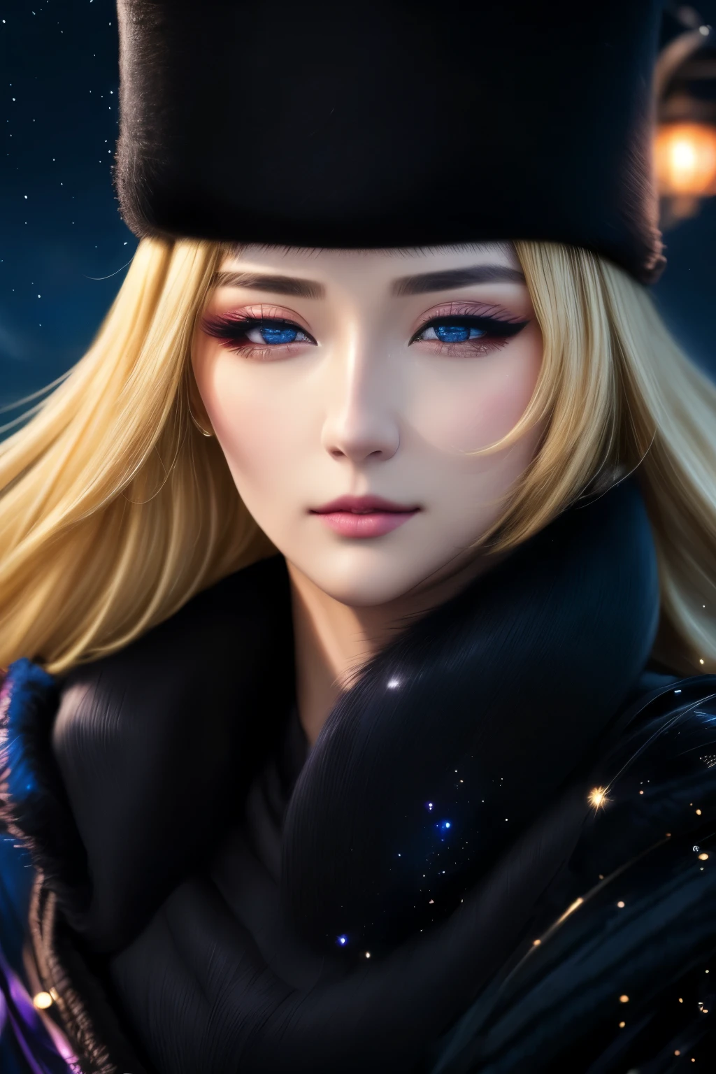 masterpiece, blonde straight, hair, care, fur trim, black hat, fur has, dress, yellow fleeting sad eyes, steam (station: 1.1), station platform, night, galaxy, 999, best quality, super fine, 16k, RAW photo, photorealistic, incredibly absurdres, extremely detailed, beautiful woman, fleeting sad expression, (angular face: 1.2), Shiny face, (Tight waist: 1.1), lip makeup, long eyelashes, galaxy, fantastic and mysterious, SF fantasy