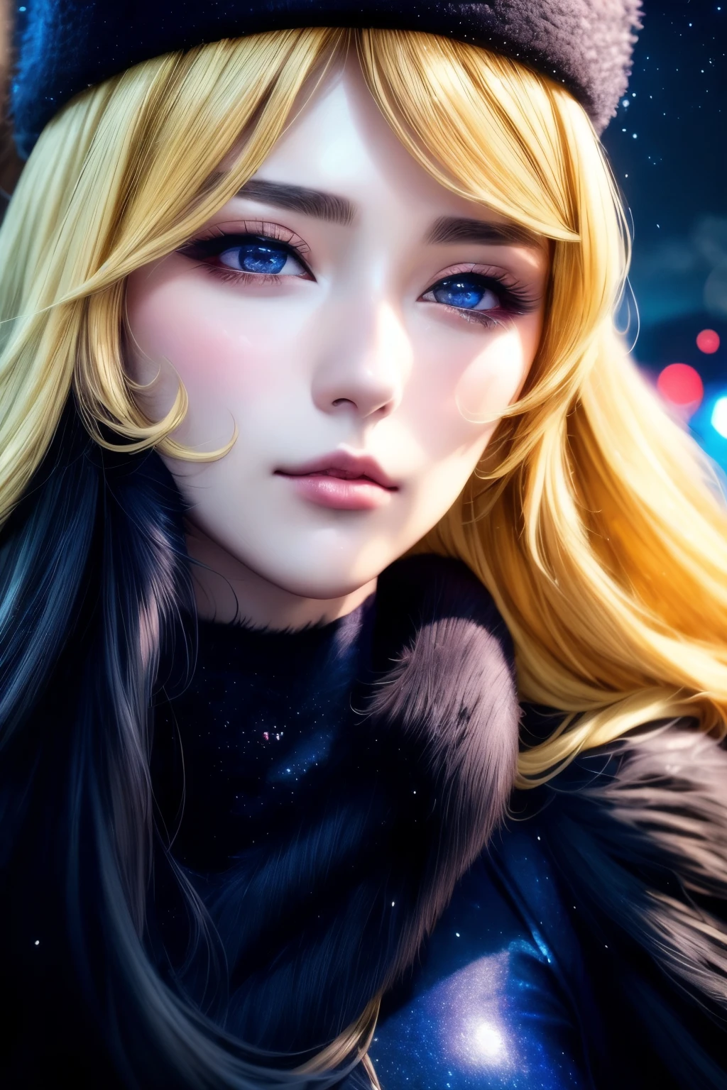 masterpiece, blonde straight, hair, care, fur trim, black hat, fur has, dress, yellow fleeting sad eyes, steam (station: 1.1), station platform, night, galaxy, 999, best quality, super fine, 16k, RAW photo, photorealistic, incredibly absurdres, extremely detailed, beautiful woman, fleeting sad expression, (angular face: 1.2), Shiny face, (Tight waist: 1.1), lip makeup, long eyelashes, galaxy, fantastic and mysterious, SF fantasy