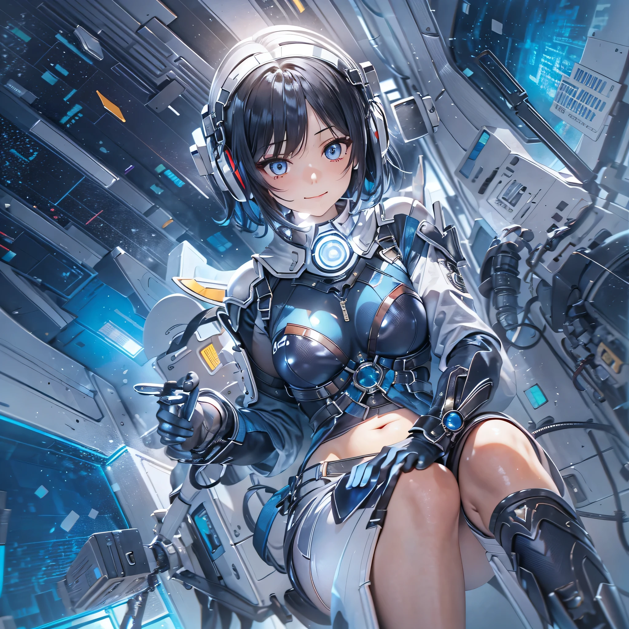 (masterpiece、highest quality、highest resolution、clear_image、detailed details、Angle from above): (full body figure、One 20 year old girl、Japanese faces、small face、Slender、Navy blue super short bob cut hair、(hidden small breasts:1.3)、sparkling blue eyes、Shiny pilot suit in blue and black colors、armor that protects the chest、tight fitting clothes、clothes that cover the whole body、shiny clothes、tight fit pants、hide the skin、very delicate and beautiful、detailed skin、hide thighs、Hide your ass、cute type、gentle smile、soft expression、heroine、headset、Knee-high boots、gloves up to the elbow、eye level shot、facing directly、woman on a spaceship)