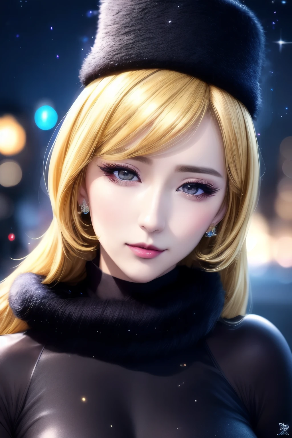 masterpiece, blonde straight, hair, care, fur trim, black hat, fur has, dress, yellow fleeting sad eyes, steam (station: 1.1), station platform, night, galaxy, 999, best quality, super fine, 16k, RAW photo, photorealistic, incredibly absurdres, extremely detailed, beautiful woman, fleeting sad expression, (angular face: 1.2), Shiny face, (Tight waist: 1.1), lip makeup, long eyelashes, galaxy, fantastic and mysterious, SF fantasy