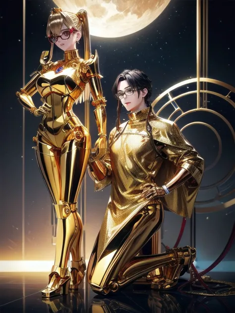5 8K UHD、A mechanical beauty in a gold metallic body wearing glasses is kneeling、A golden metal robot with shiny skin