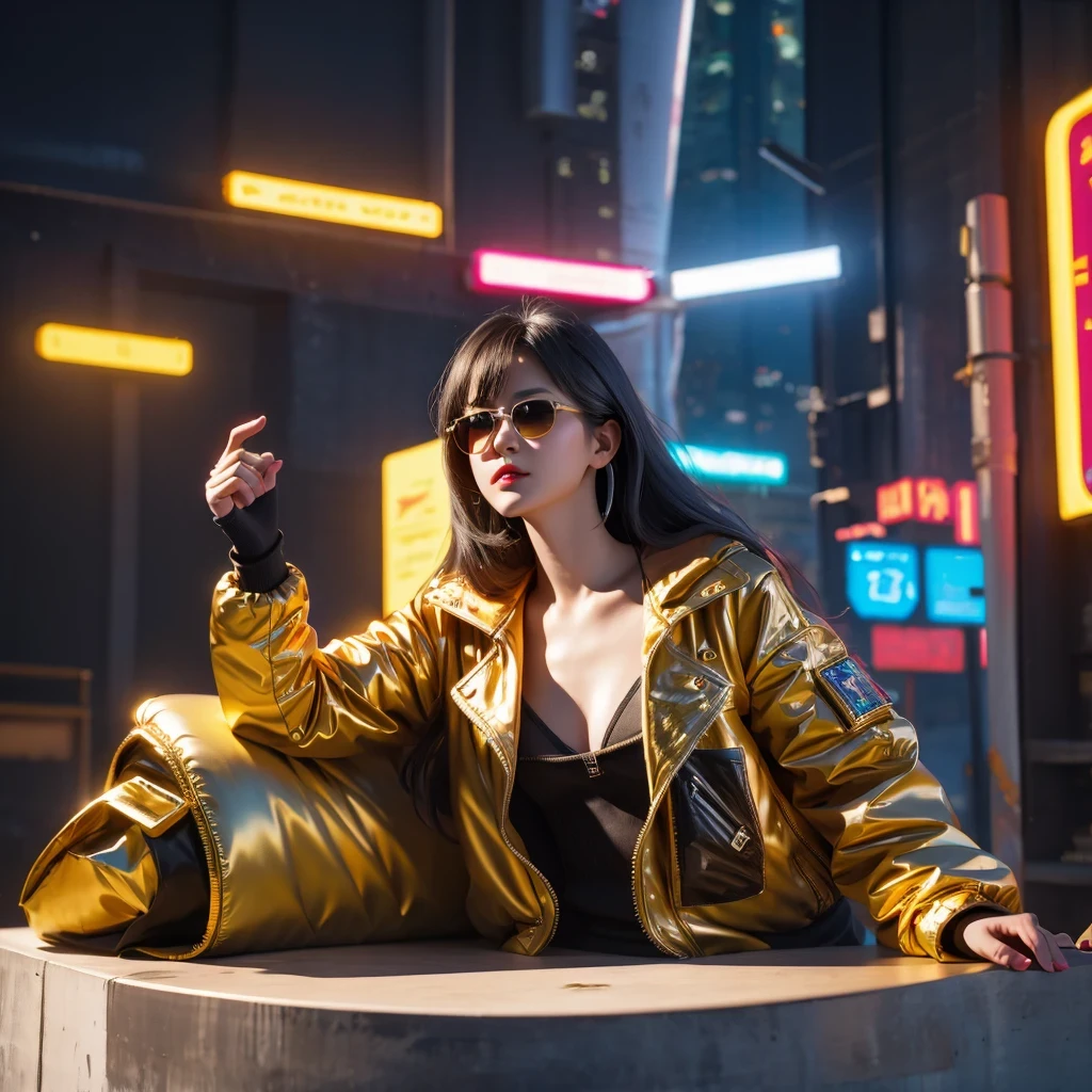 (masterpiece, best quality:1.2), 1girl, ((masterpiece, highest quality, Highest image quality, High resolution, photorealistic, Raw photo, 8K)), Retro Game, Nintendo, SEGA, Namco, Cyberpunk 1:25 miniatures，illustration，Side viewing angle，（（Side viewing angle）），Wear gold wire-rimmed reflective sunglasses，Carry future weapons，very happy，Side viewing angle，whole body，three-dimensional，octane rendering，Perfect face，Collagen texture