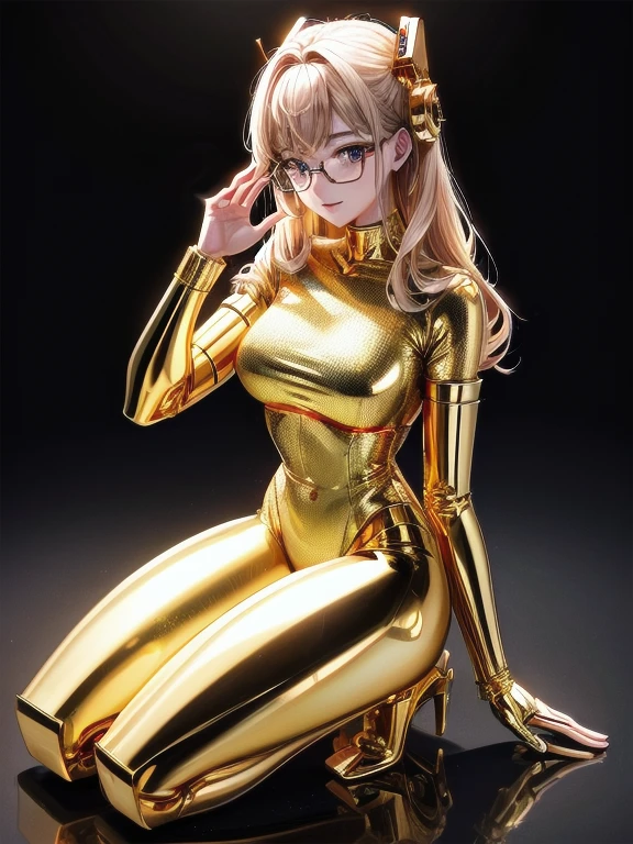 5 8K UHD、金色のメタリックボディに眼鏡をかけた機械美がひざまずいている、光沢のある皮膚を持つ金色の金属ロボット