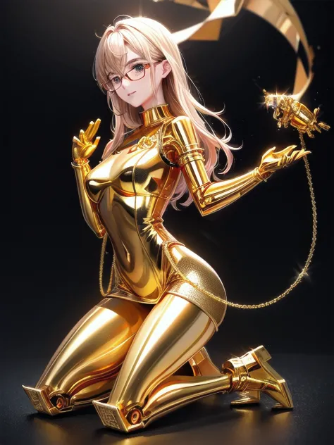 5 8K UHD、A mechanical beauty in a gold metallic body wearing glasses is kneeling、A golden metal robot with shiny skin