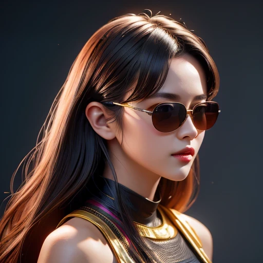 (masterpiece, best quality:1.2), 1girl, ((masterpiece, highest quality, Highest image quality, High resolution, photorealistic, Raw photo, 8K)), Retro Game, Nintendo, SEGA, Namco, Cyberpunk 1:25 miniatures，illustration，Side viewing angle，（（Side viewing angle）），Wear gold wire-rimmed reflective sunglasses，Carry future weapons，very happy，Side viewing angle，whole body，three-dimensional，octane rendering，Perfect face，Collagen texture