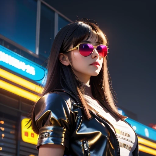 (masterpiece, best quality:1.2), 1girl, ((masterpiece, highest quality, Highest image quality, High resolution, photorealistic, Raw photo, 8K)), Retro Game, Nintendo, SEGA, Namco, Cyberpunk 1:25 miniatures，illustration，Side viewing angle，（（Side viewing angle）），Wear gold wire-rimmed reflective sunglasses，Carry future weapons，very happy，Side viewing angle，whole body，three-dimensional，octane rendering，Perfect face，Collagen texture