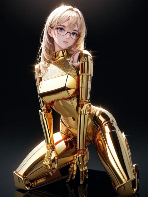 5 8K UHD、A mechanical beauty in a gold metallic body wearing glasses is kneeling、A golden metal robot with shiny skin