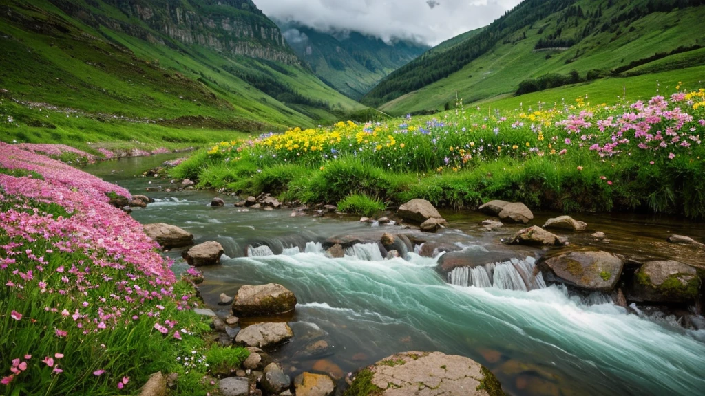 paysage de pluie naturelle, fleurs, rivière
