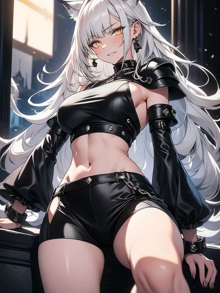 8K, Full body portrait, single young woman, especially detailed face, masterpiece, wallpaper, highlydetailed face, ultra-detailed face, beautiful and aesthetic wolf tailed girl, athletic body, pale white skin, big breasts, curvy, long hair, gray-silver hair, a young cute wolf woman, wolf ears, cute wolf tail, long wolf tail, fluffy wolf tail, wolf-like irises, beautiful, enchanting, bright yellow eyes, detailed eyes, ultra-detailed eyes, accurate eyes, detailed irises, correct body proportions, elegant, small vertical scar under right eye, small rosy lips, big breasts, slender elegant arms, pretty hands, detailed hands, charming, slight blush, shy smile, black edgpshorts with stylish metal chains and a black top, detached sleeves, light black armor, armored long bike shorts and skirt on top of them, two piece outfit, black armored fur cloack, black metal armor, silver metallic ornaments, bare off shoulders, toned abs, exposed belly, standing pose, cute pose, black thighigh on left leg, sole girl