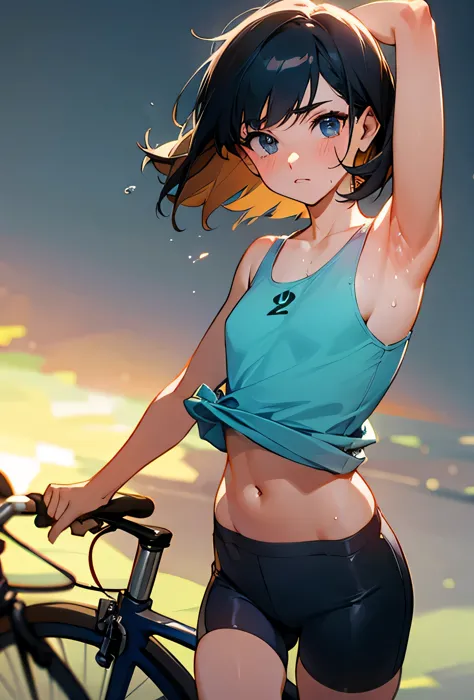 bloomers　Tank top　modest chest　belly button　thighs　bob short　wet hair　sweaty　bicycle