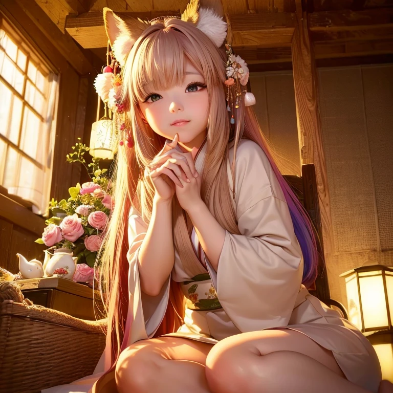 (best quality,4k,8k,highres,masterpiece:1.2),ultra-detailed,(realistic,photorealistic,photo-realistic:1.37),portraits,pastel colors,soft lighting,fantasy atmosphere,girl with fox ears and tail,peaceful garden setting,golden sunset,flowing cherry blossom trees,pagoda in the background,serene expression,traditional Japanese clothing,kawaii style,subtle makeup,divine aura,spiritual charm,gleaming fox mask,captivating gaze,delicate floral patterns,serene peacefulness,pure innocence,ethereal beauty,harmonious blend of nature and culture,gentle breeze rustling through the leaves,whisper of enchantment,symbol of tranquility]