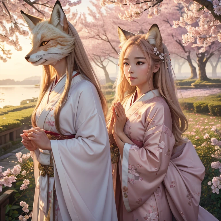 (best quality,4k,8k,highres,masterpiece:1.2),ultra-detailed,(realistic,photorealistic,photo-realistic:1.37),portraits,pastel colors,soft lighting,fantasy atmosphere,girl with fox ears and tail,peaceful garden setting,golden sunset,flowing cherry blossom trees,pagoda in the background,serene expression,traditional Japanese clothing,kawaii style,subtle makeup,divine aura,spiritual charm,gleaming fox mask,captivating gaze,delicate floral patterns,serene peacefulness,pure innocence,ethereal beauty,harmonious blend of nature and culture,gentle breeze rustling through the leaves,whisper of enchantment,symbol of tranquility]