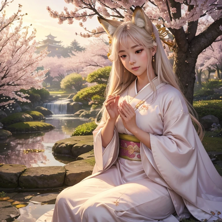 (best quality,4k,8k,highres,masterpiece:1.2),ultra-detailed,(realistic,photorealistic,photo-realistic:1.37),portraits,pastel colors,soft lighting,fantasy atmosphere,girl with fox ears and tail,peaceful garden setting,golden sunset,flowing cherry blossom trees,pagoda in the background,serene expression,traditional Japanese clothing,kawaii style,subtle makeup,divine aura,spiritual charm,gleaming fox mask,captivating gaze,delicate floral patterns,serene peacefulness,pure innocence,ethereal beauty,harmonious blend of nature and culture,gentle breeze rustling through the leaves,whisper of enchantment,symbol of tranquility]