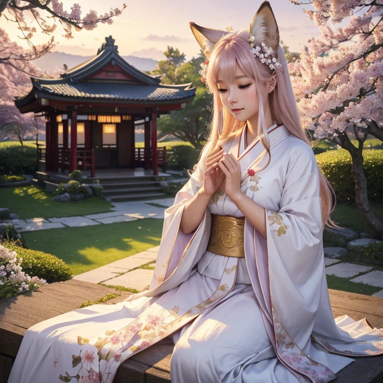 (best quality,4k,8k,highres,masterpiece:1.2),ultra-detailed,(realistic,photorealistic,photo-realistic:1.37),portraits,pastel colors,soft lighting,fantasy atmosphere,girl with fox ears and tail,peaceful garden setting,golden sunset,flowing cherry blossom trees,pagoda in the background,serene expression,traditional Japanese clothing,kawaii style,subtle makeup,divine aura,spiritual charm,gleaming fox mask,captivating gaze,delicate floral patterns,serene peacefulness,pure innocence,ethereal beauty,harmonious blend of nature and culture,gentle breeze rustling through the leaves,whisper of enchantment,symbol of tranquility]