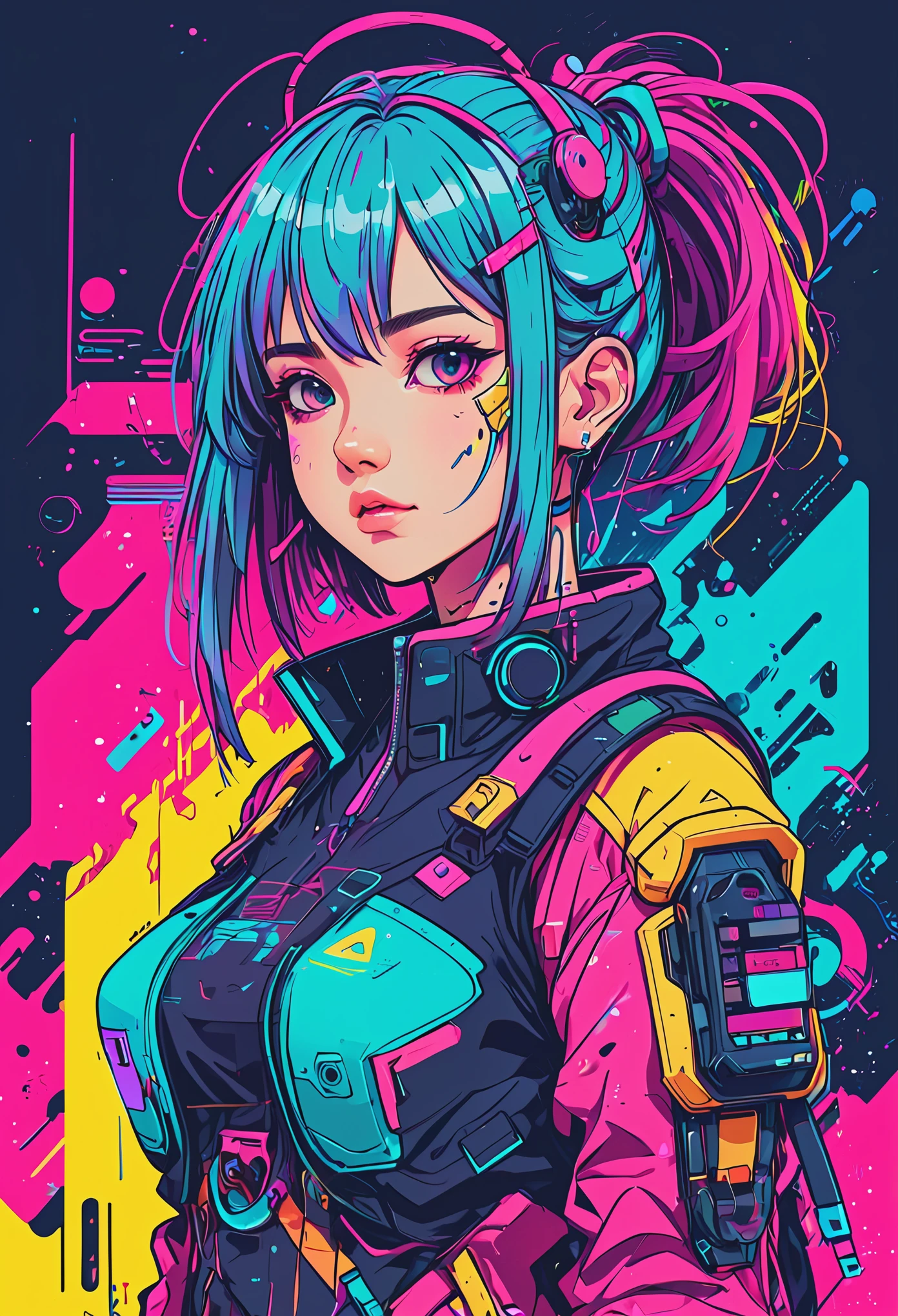 Anime-Serie, ein Mädchen, Kawaii, cyberpunk, bunt, Tuschefarbe Strichzeichnungen, Vektorgrafiken, dicke Linien, Glitch-Kunst, flache Farben, Leitbild, beschwingt, technische Zeichnung, line art, Minimalistisch, Meisterwerk,