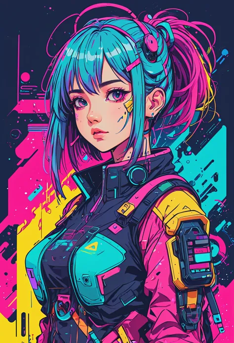 anime, an girl, kawaii, cyberpunk, colorful, ink paint line art, vector art, thick lines, glitch art, flat colors, key visual, v...