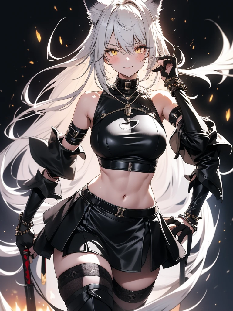 8K, Full body portrait, single young woman, especially detailed face, masterpiece, wallpaper, highlydetailed face, ultra-detailed face, beautiful and aesthetic wolf tailed girl, athletic body, pale white skin, big breasts, curvy, long hair, gray-silver hair, a young cute wolf ypung woman, wolf ears, cute wolf tail, long wolf tail, fluffy wolf tail, wolf-like irises, beautiful, enchanting, bright yellow eyes, detailed eyes, ultra-detailed eyes, accurate eyes, detailed irises, correct body proportions, elegant, small vertical scar under right eye, small rosy lips, big breasts, slender elegant arms, pretty hands, detailed hands, charming, slight blush, shy smile, black edgpshorts with stylish metal chains and a black top, detached sleeves, light black armor, armored long bike shorts and skirt on top of them, two piece outfit, black armored fur cloack, black metal armor, silver metallic ornaments, bare off shoulders, toned abs, exposed belly, standing pose, cute pose, black thighigh on left leg, sole girl