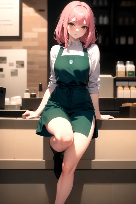 1 girl, Starbucks apron, pink hair, Double tail, 
whole body, Arm support,, masterpiece, best quality, Very detailed