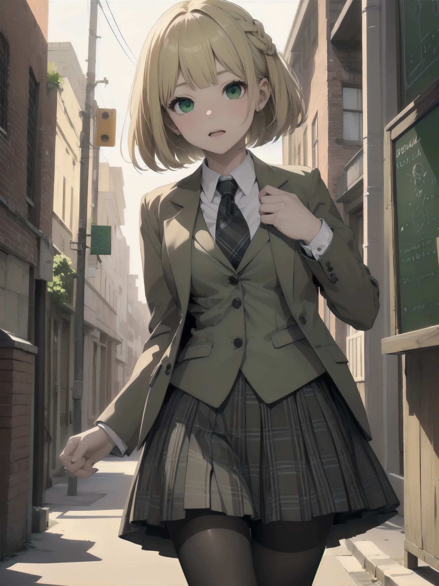 Top-High quality、Highest image quality、masterpiece、high contrast、Elegant、erotic expression、high school girl、blonde、Bob cut braids、uniform、(brown blazer)、ribbon tie、(Green and gray plaid skirt)、(black tights)、cinematic lighting、fine shading、cute、Truly unbelievably cute absurd、outside、outside苑