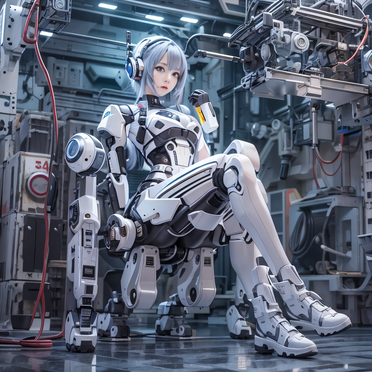 masterpiece, best quality(:1.2), extremely ultra detailed, Japanese android girl,Plump,control panels,Squat,Mechanical Hand,Robot arms and legs, black sponge joints,blunt bangs,white robot body,ceramic body,white long boots,perfect cyborg girl,charging spot,She is charging now,blue eyes, extremely ultra real texture, human-like skin, realistic hair, realistic metal texture, professional lighting, (RAWphoto), photorealistic, (extremely intricate details)