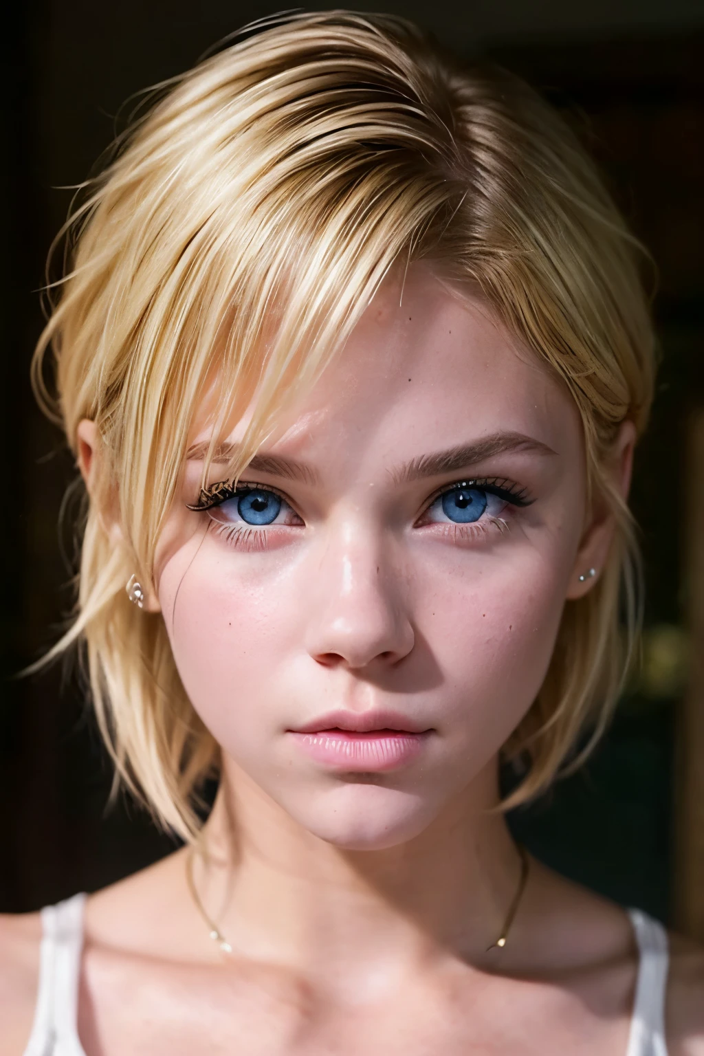 ((AlexiaThompson01R face)). beautiful. perfect, blonde hair, short hair, straight hair, blue eyes. closed look. Vibrant blue eyes, tied hair. hair falling over one eye, emo bangs. perfect skin, white skin. thin nose, thin chin. fitness.