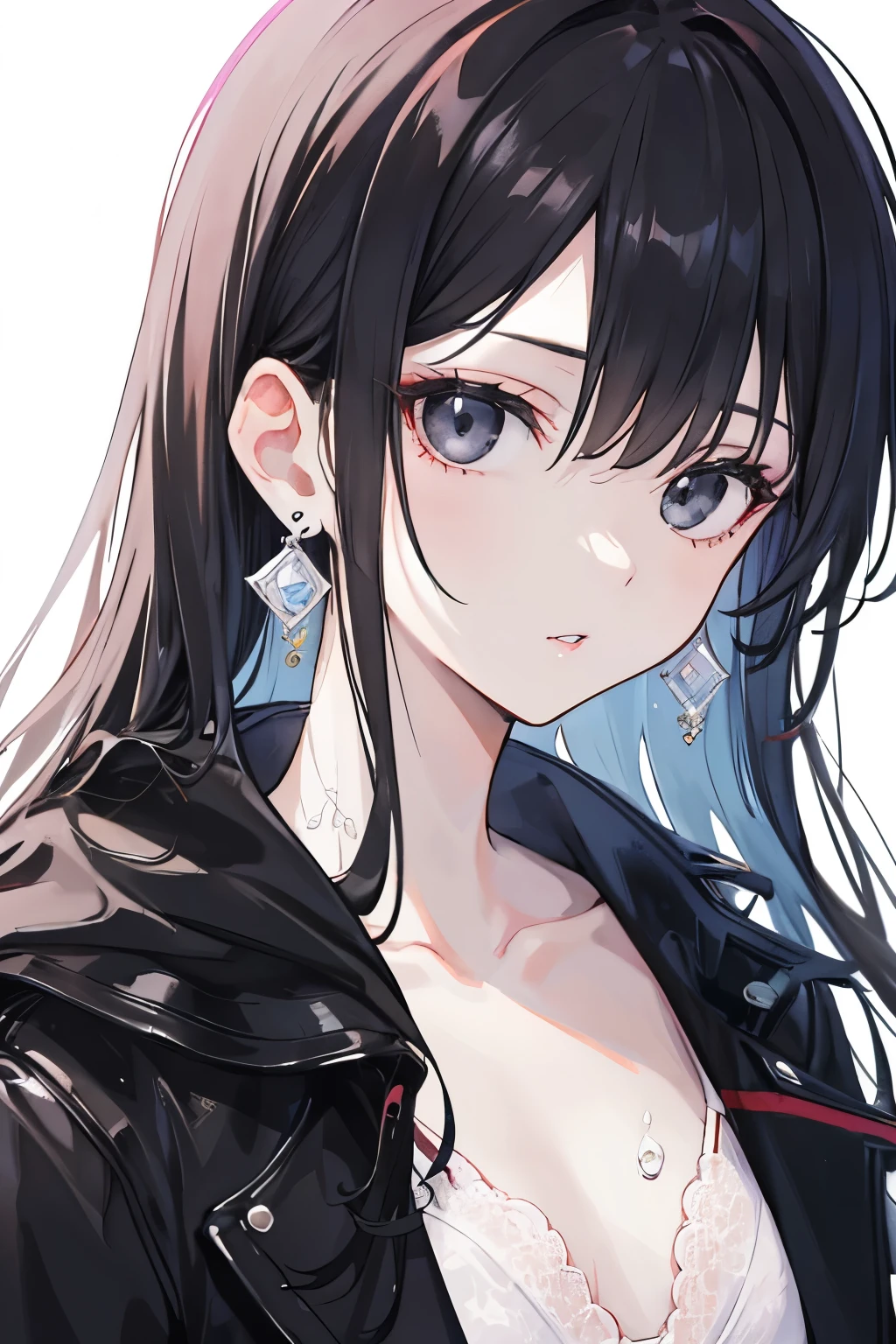 Anime girl with long black hair and white bra top - SeaArt AI