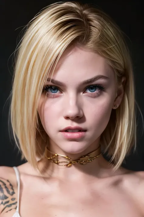 ((AlexiaThompson01R face)). beautiful. perfect, blonde hair, short hair, straight hair, golden eyes. hair falling over one eye, ...