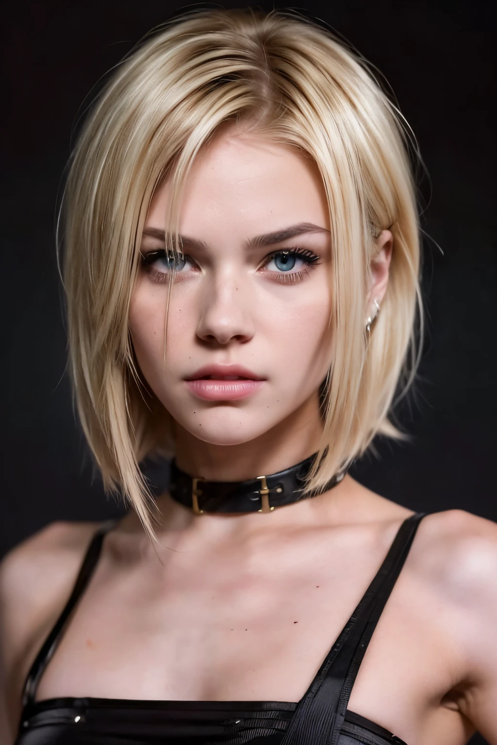 ((AlexiaThompson01R Gesicht)). Schön. perfekt, blondes Haar, kurzes Haar, glattes Haar, goldene Augen. Haare fallen über ein Auge, Emo-Pony. perfekt skin, weiße Haut. dünne Nase, dünnes Kinn. Fitness. (Vampirzähne, Scharfe Zähne, Wut, anger, Hass, girl showing her Scharfe Zähne)