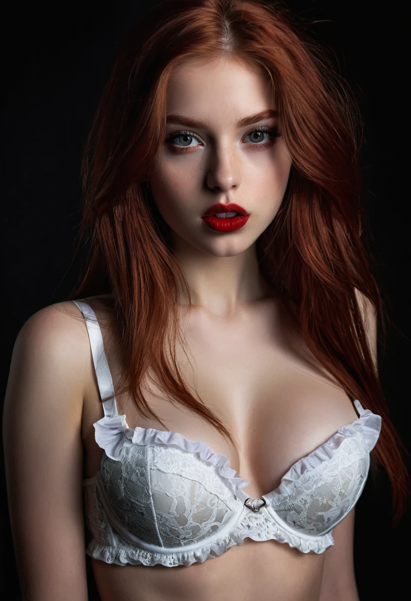 最高品質, 傑作, 超高解像度, (写実的な:1.4), ((RAW写真, 1人の女の子, 若い (18年) 魅惑的な長い髪を持つヨーロッパの女の子, 真っ赤なストレートヘア, 魅惑的な赤い目と顔)), ((真っ赤な口紅と黒いアイライナー, 太いまつ毛, 誘惑的な表情, (完璧な女性の口), 口を開けて, 誘惑的なボディランゲージ, 頭を傾ける)), ((白いレースのブラと白いフリルのミニスカート)), ダイナミックライティング, 暗闇で, 深い影, 控えめな, カウボーイショット,