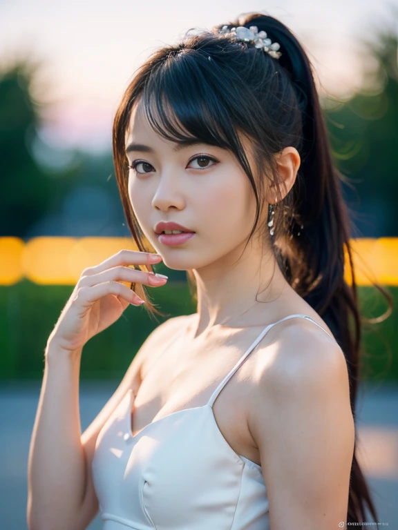 (8K, RAW Photos, Best Quality, High resolution: 1.1), (Surreal: 1.4), (Realistic, Realistic: 1.3), Soft light, girl, Realistic face, Realistic body, Realistic skin, Absurd, masutepiece, (Cute: 1.8), Cute, Solo, (conservative dress: 1.2), Detailed black eyes, Innocent eyes, blush, cello, (White luxury long dress: 1.2), movie lights, film grains, Sparkling Jewelry, Diamonds, earrings, the ring, ((Medium Hair: 1.1)), ((Floating hair Nova frog style)), Cherry lips, head band, Hair Bow, Ponytail, viewer, Long hair, Open lips, Upper teeth, depth of fields, Blurred background, Eye focus, Bokeh, young, 85mm lens, F/1.4, Professional Lighting, young, Photon mapping, Radio City, Physically Based Rendering, (Small Breasts) 