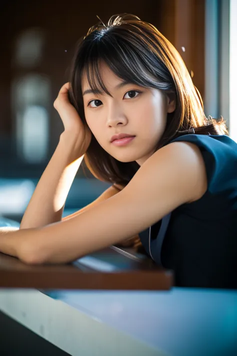 a girl named tomoko, wavy hair, brown hair, 25 years old, slender, sleepy, uninterrupted viewpoint, backlight flare, f/1.2, 50mm...