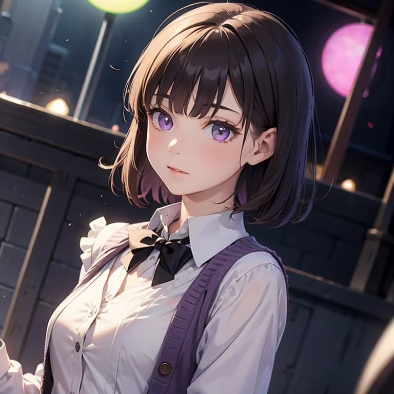 Performs an 18 year old girl, small breasts violet cardigan with white blouse, very short hair with brown bangs and purple eyes,