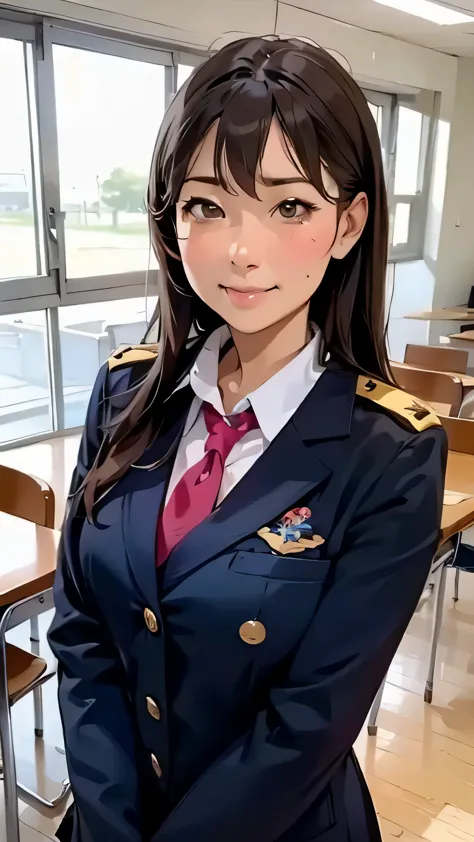 arafed asian woman in uniform posing for a picture in a classroom, wearing headmistress uniform, jk uniform, seifuku, misato kat...