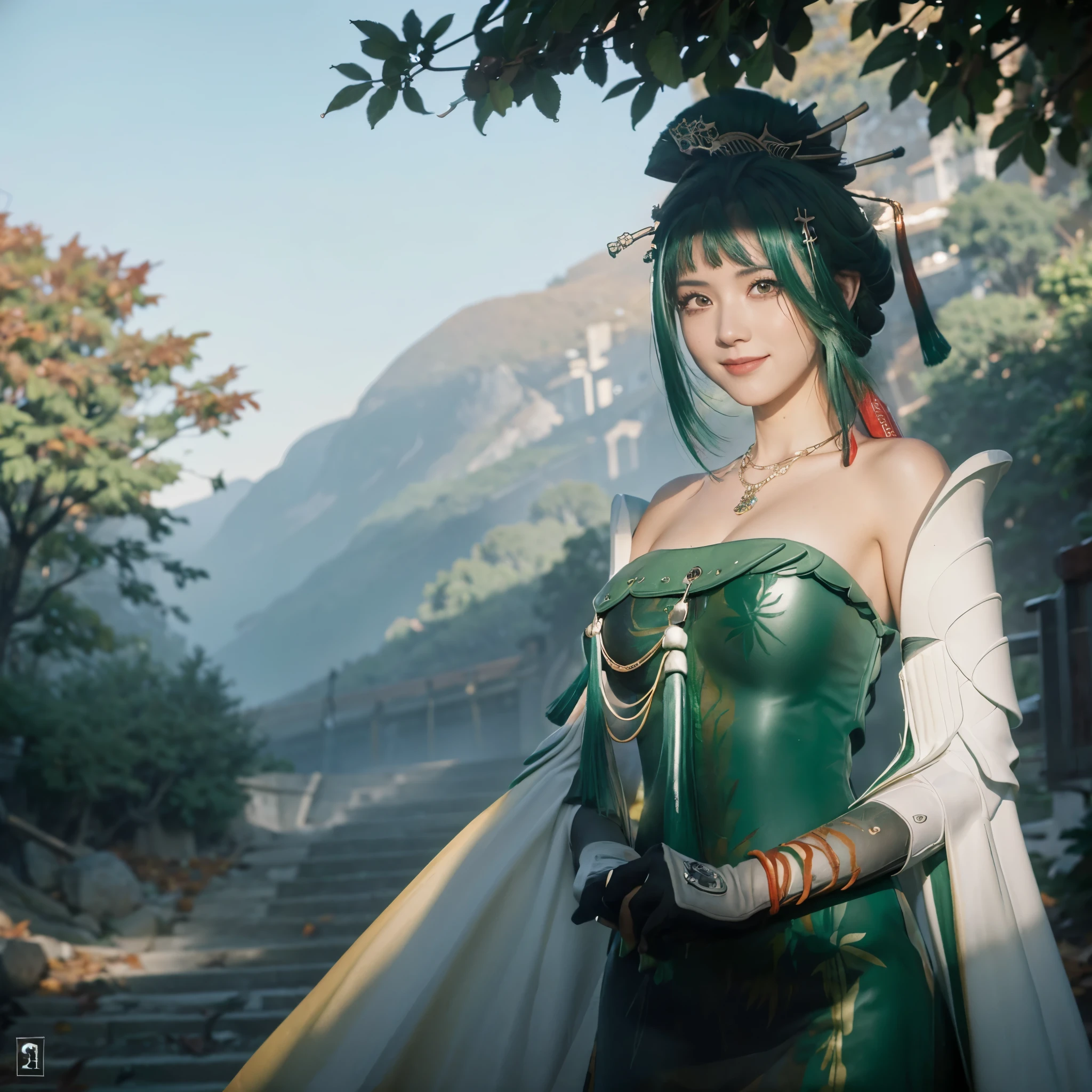 A woman wearing a green dress with white details, green hair, orange eyes, walking on a staircase from a high point of a large Chinese rocky mountain, some trees with orange autumn leaves, leaves falling mist in place, smiling.HDR, ultra resolution, well defined, masterpiece, 8K HD. (solo woman)
