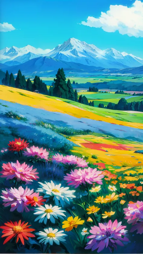 a painting of a field of flowers with mountains in the background, colorful landscape painting, vibrant gouache painting scenery...