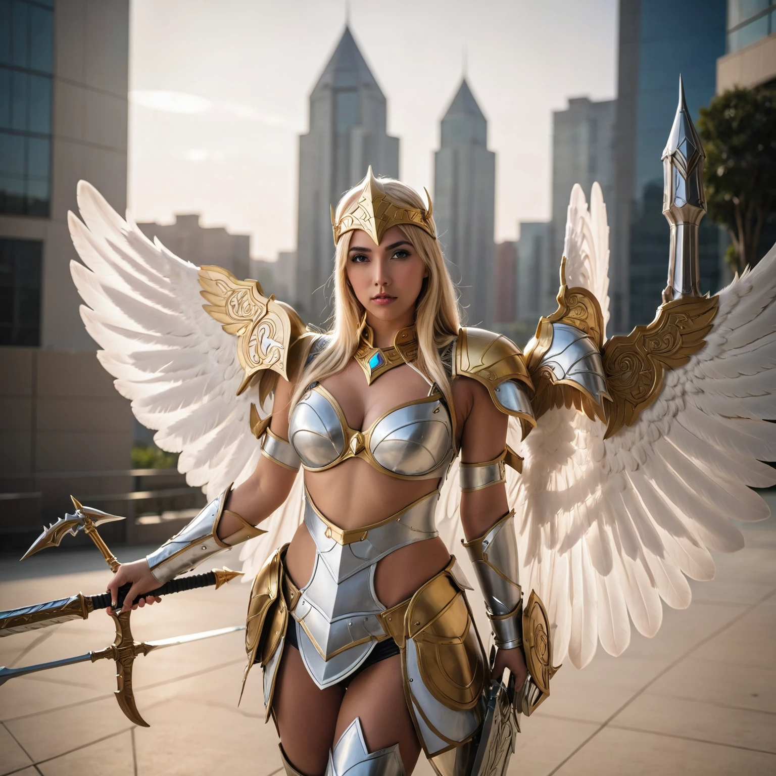 Arabische Frau im Kostüm mit Flügeln und Rüstung, as a mystische Walküre, valkyrie, wunderschönes Cosplay, Lux aus League of Legends, mechanisiertes Walkürenmädchen, glamouröses Cosplay, Ritterin in Bikini-Rüstung, sexy blonde Kriegerin, mystische Walküre, Fantasy-Fotografie, Sheila, sie-ra, angel golden armor, Digimon Angewomon, Engel Ritter Mädchen