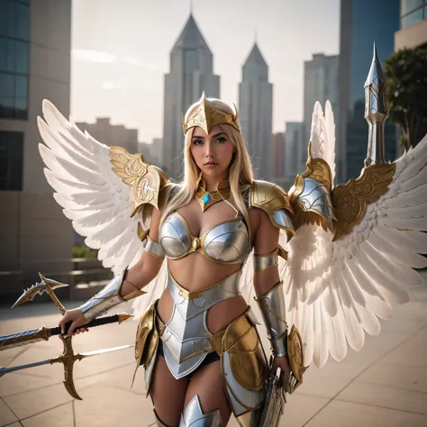 arabian woman in costume with wings and armor, as a mystical valkyrie, valkyrie, gorgeous cosplay, lux from league of legends, m...