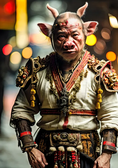 Close-up cleavage：Pig Man mixed blood warrior photo，8K，Legend of Zhu Bajie，There are scars on the face，Expressions of anger，Chop...