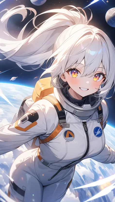 (highest quality、masterpiece、High resolution、detailed)､(Shining eyes、detailed beautiful face)､Beautiful ponytail anime girl, ,(space flight士), Beautiful anime in space suits, outer space, white haired god, exquisite details.space flight, anime 4k  、dynamic...
